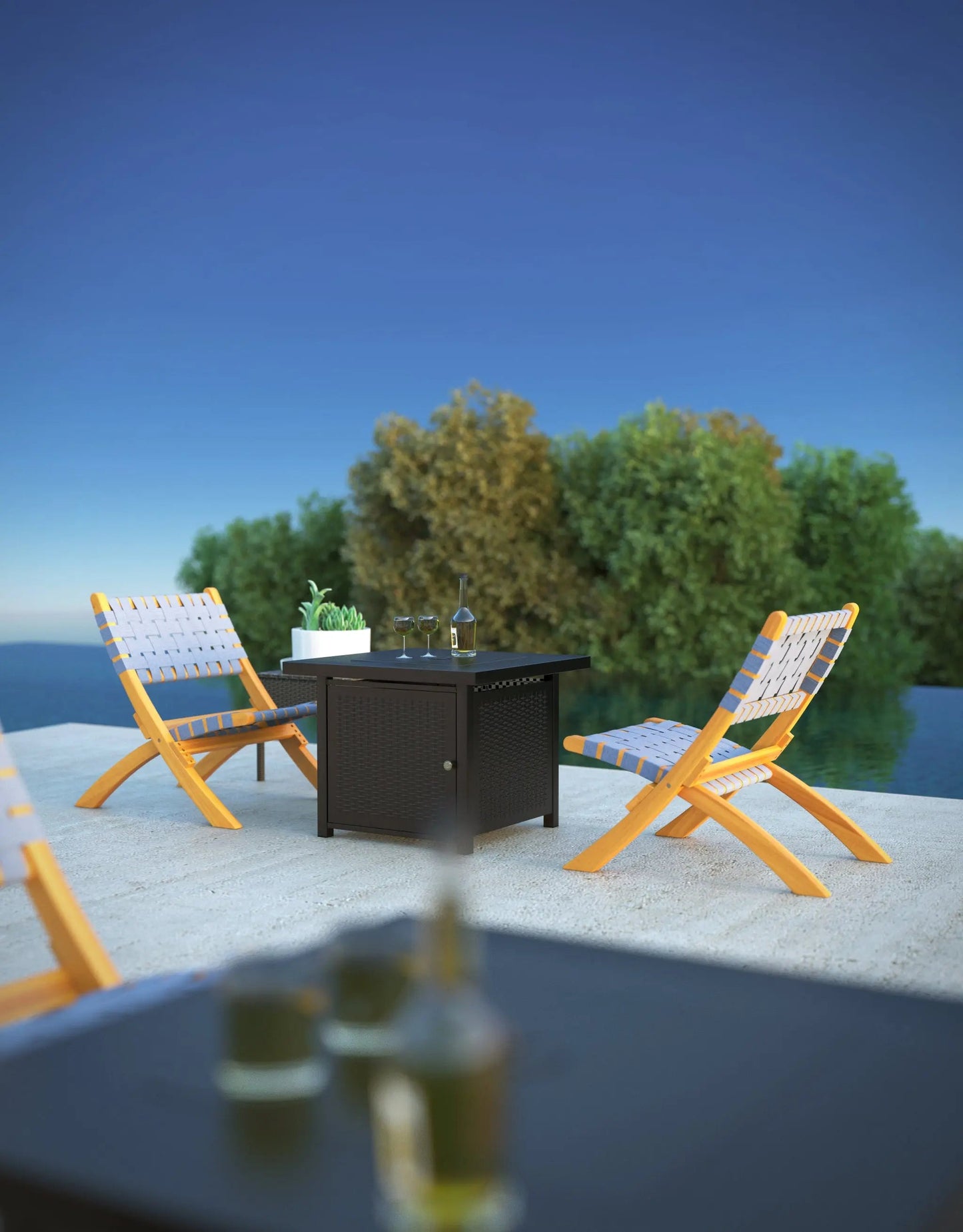 Sava folding outdoor chairs with yellow frames and blue woven seats around a black table on Tampa Home & Garden Store