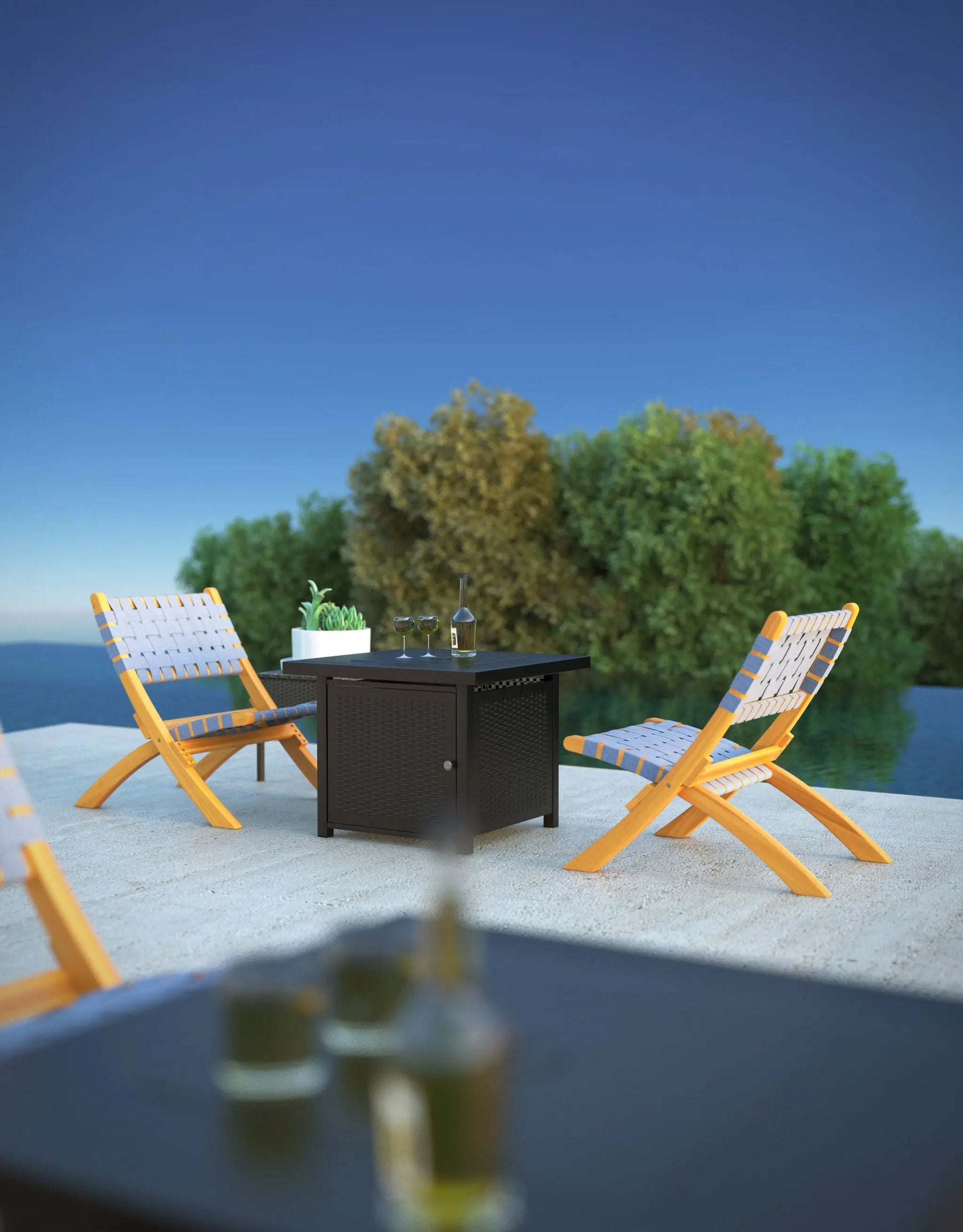 Sava folding outdoor chairs with yellow frames and blue woven seats around a black table on Tampa Home & Garden Store