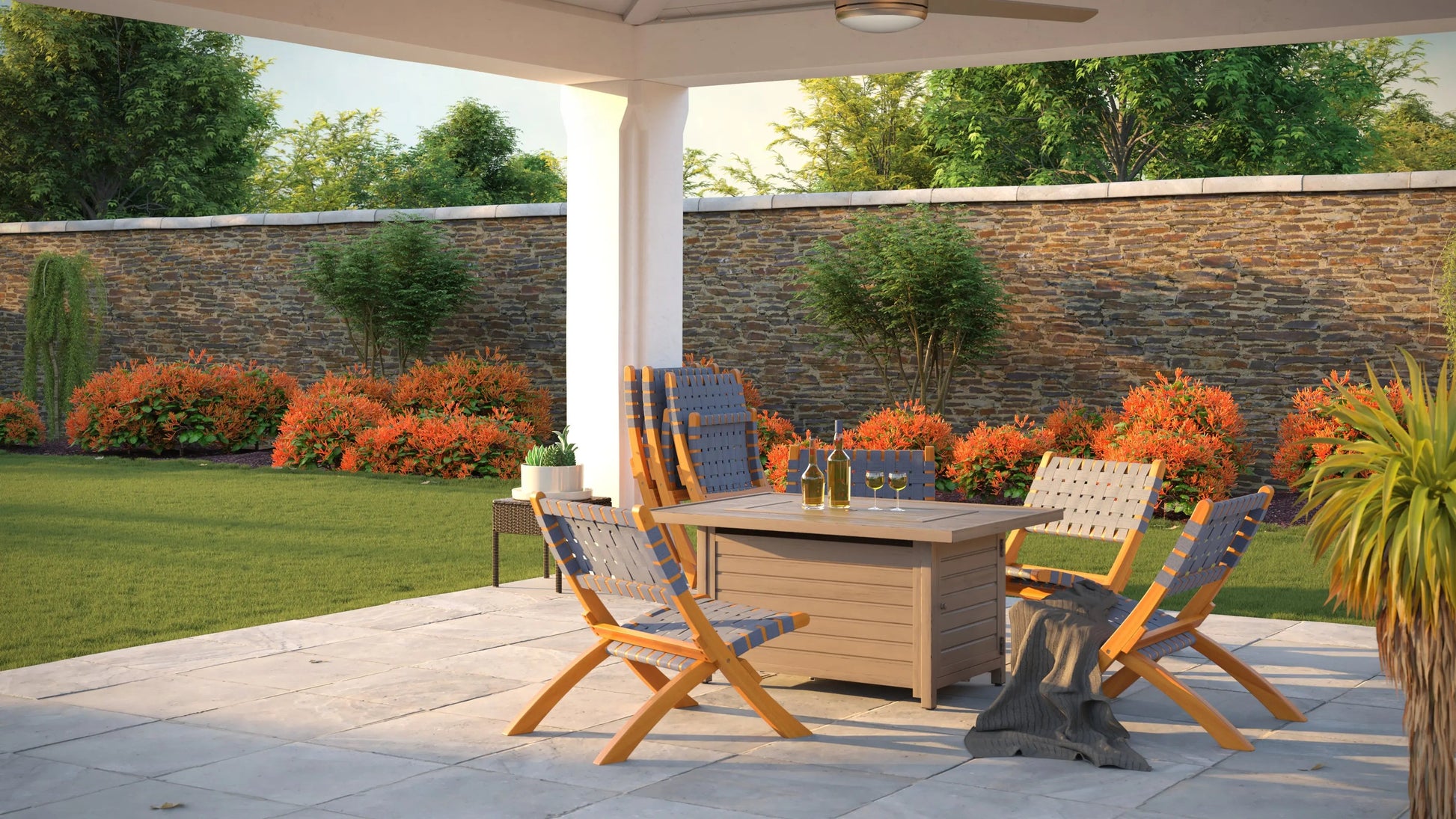 Sava folding outdoor chairs gray by Fire Sense/Balkene Home around a table on a sunny patio on Tampa Home & Garden Store