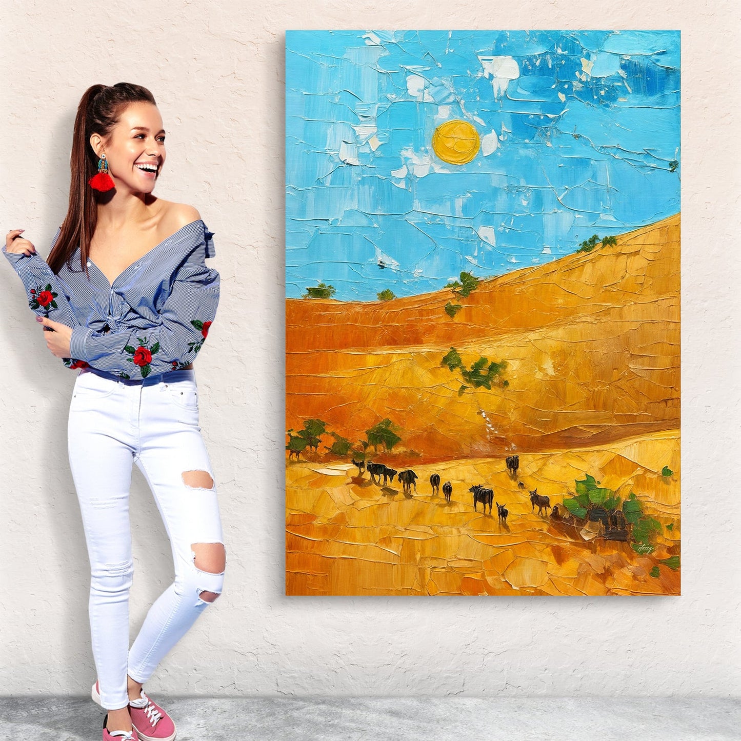 Canvas print Savannah Daze; blue sky and orange desert dunes with a small animal herd on Tampa Home & Garden Store