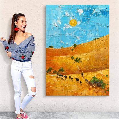 Canvas print Savannah Daze; blue sky and orange desert dunes with a small animal herd on Tampa Home & Garden Store