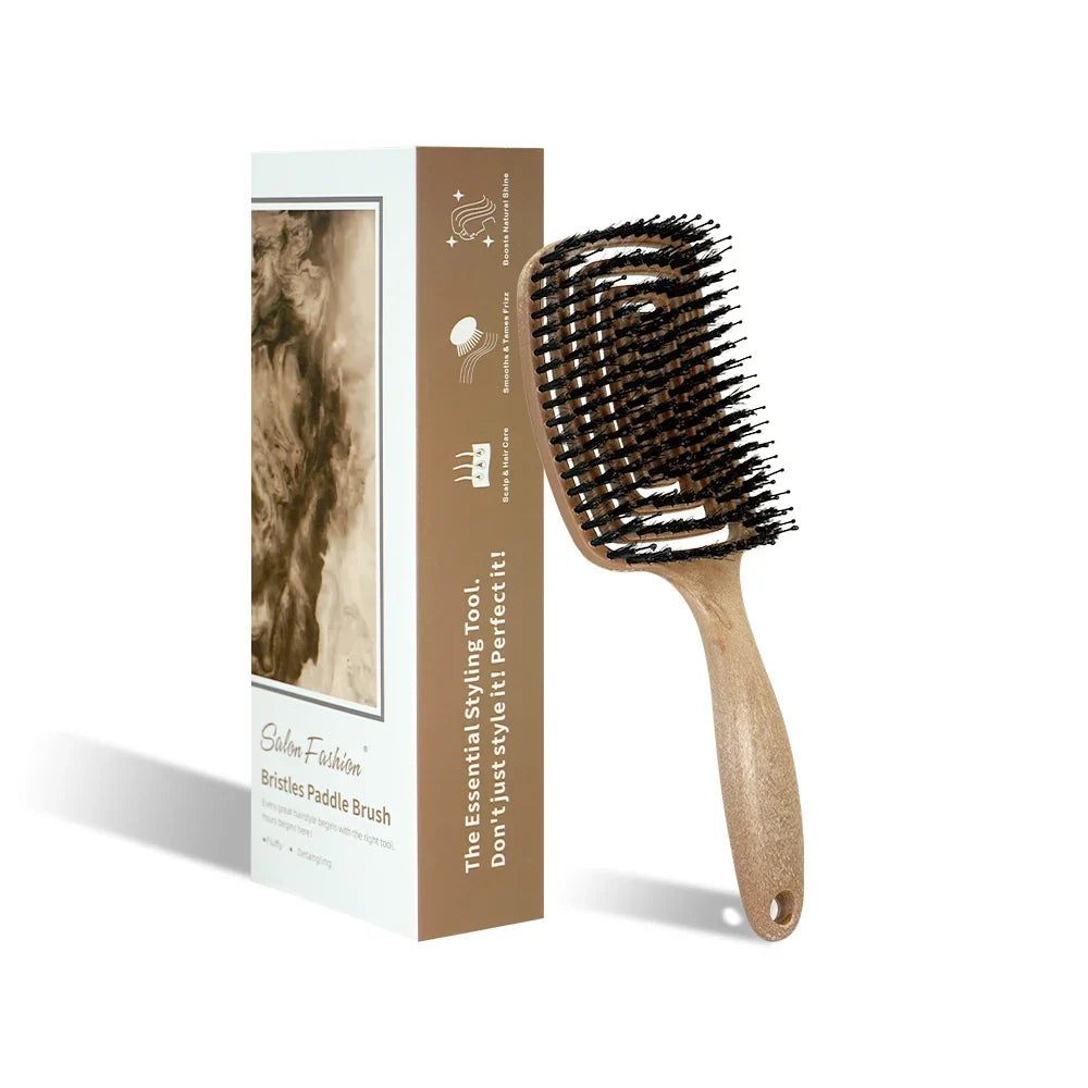 Silcy Skin 1pc boar-bristle detangling hollow-out brush with wooden handle, static-free on Tampa Home & Garden Store