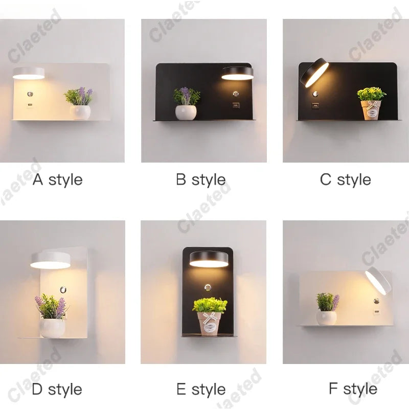 Perfecsy LED wall light with USB switch, A–F variants in white/black backplates with plants on Tampa Home & Garden Store