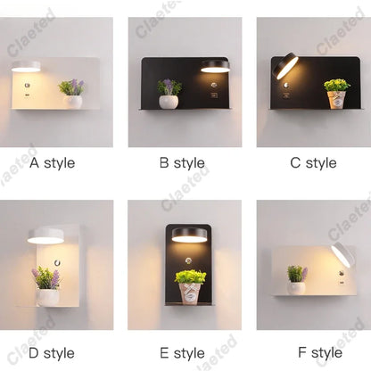 Perfecsy LED wall light with USB switch, A–F variants in white/black backplates with plants on Tampa Home & Garden Store