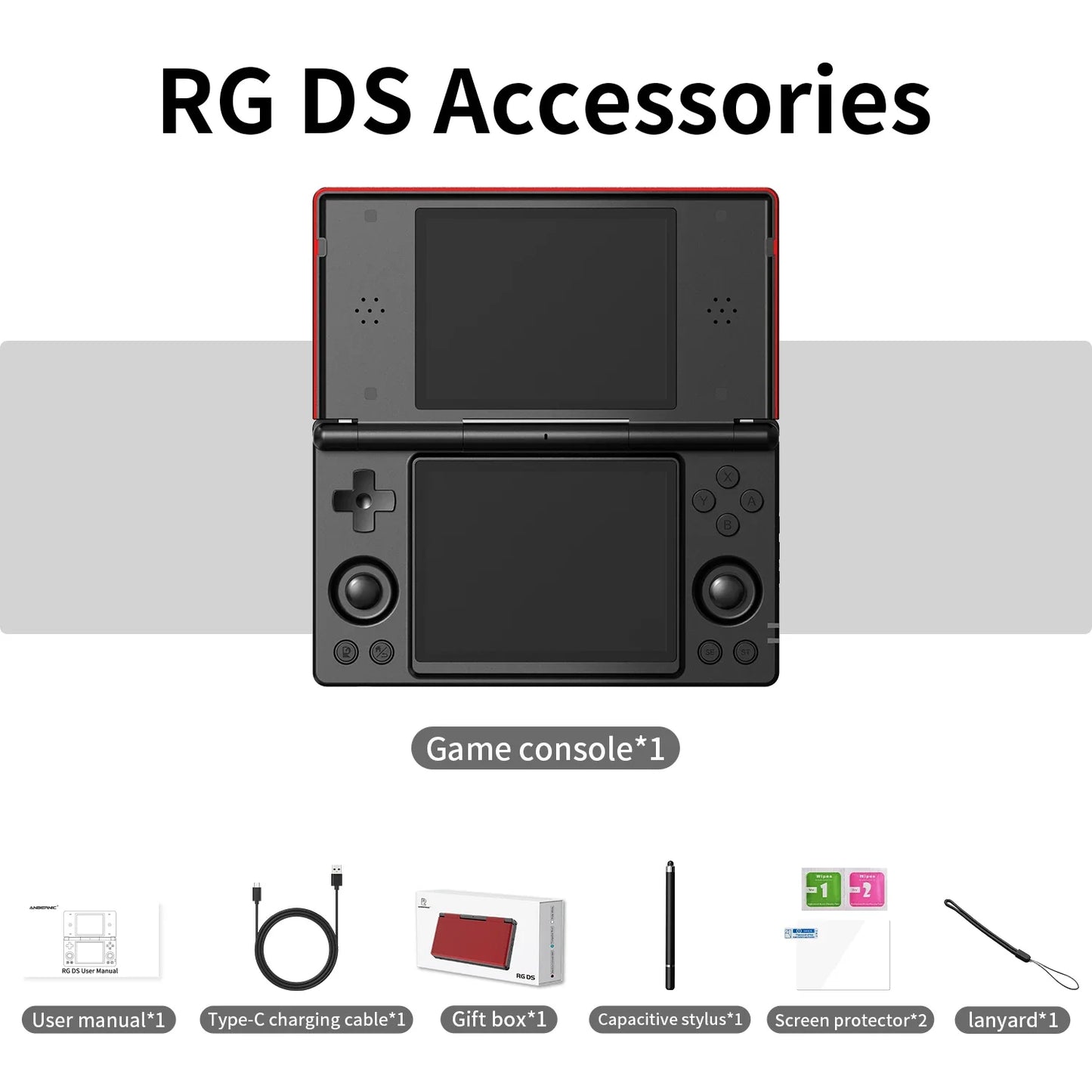 RG DS Flip handheld game console with black body and red trim, dual 4-inch IPS HD screens on Tampa Home & Garden Store