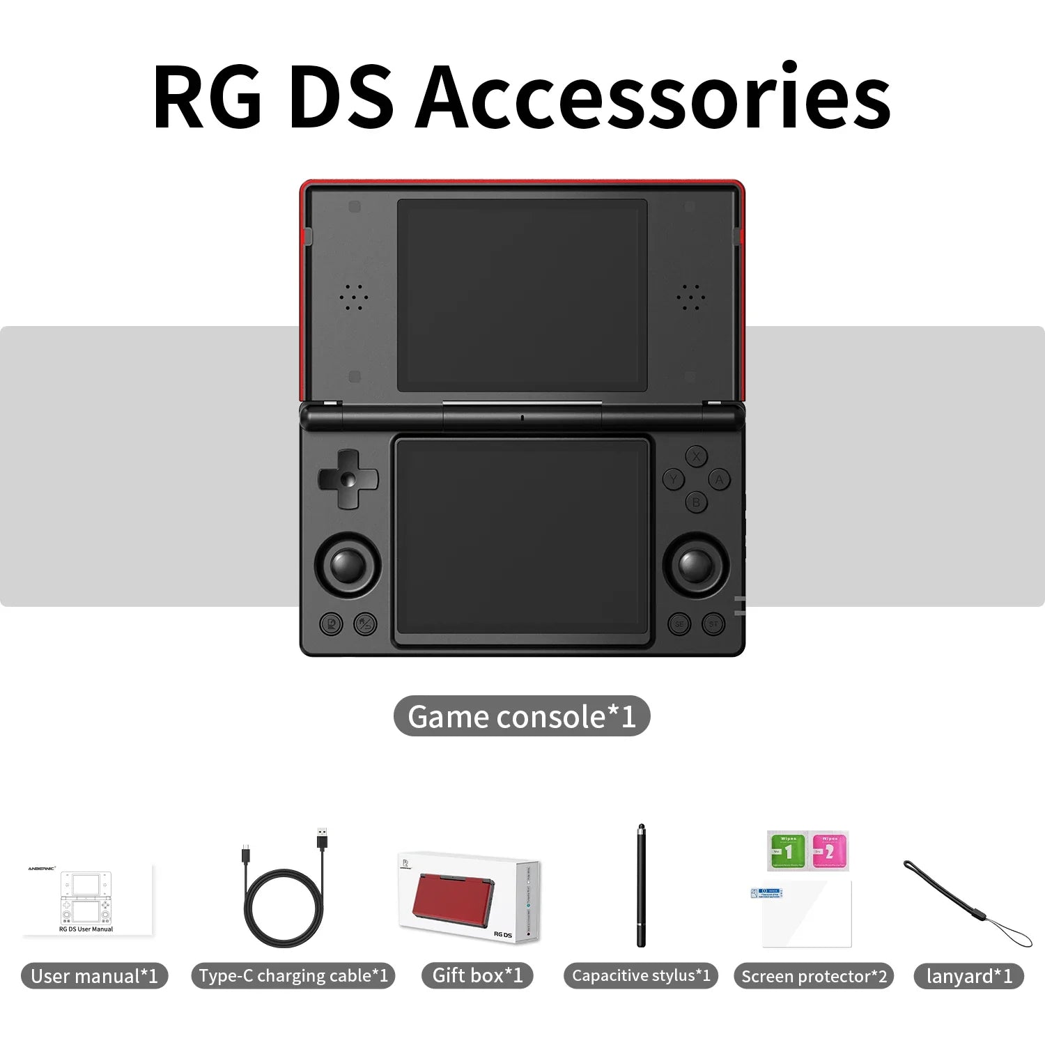 RG DS Flip handheld game console with black body and red trim, dual 4-inch IPS HD screens on Tampa Home & Garden Store