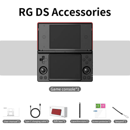 RG DS Flip handheld game console with black body and red trim, dual 4-inch IPS HD screens on Tampa Home & Garden Store
