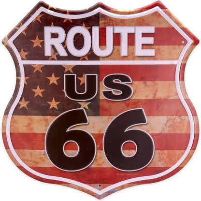 Route 66 shield tin sign by BikerZoneZ with distressed US flag colors on Tampa Home & Garden Store