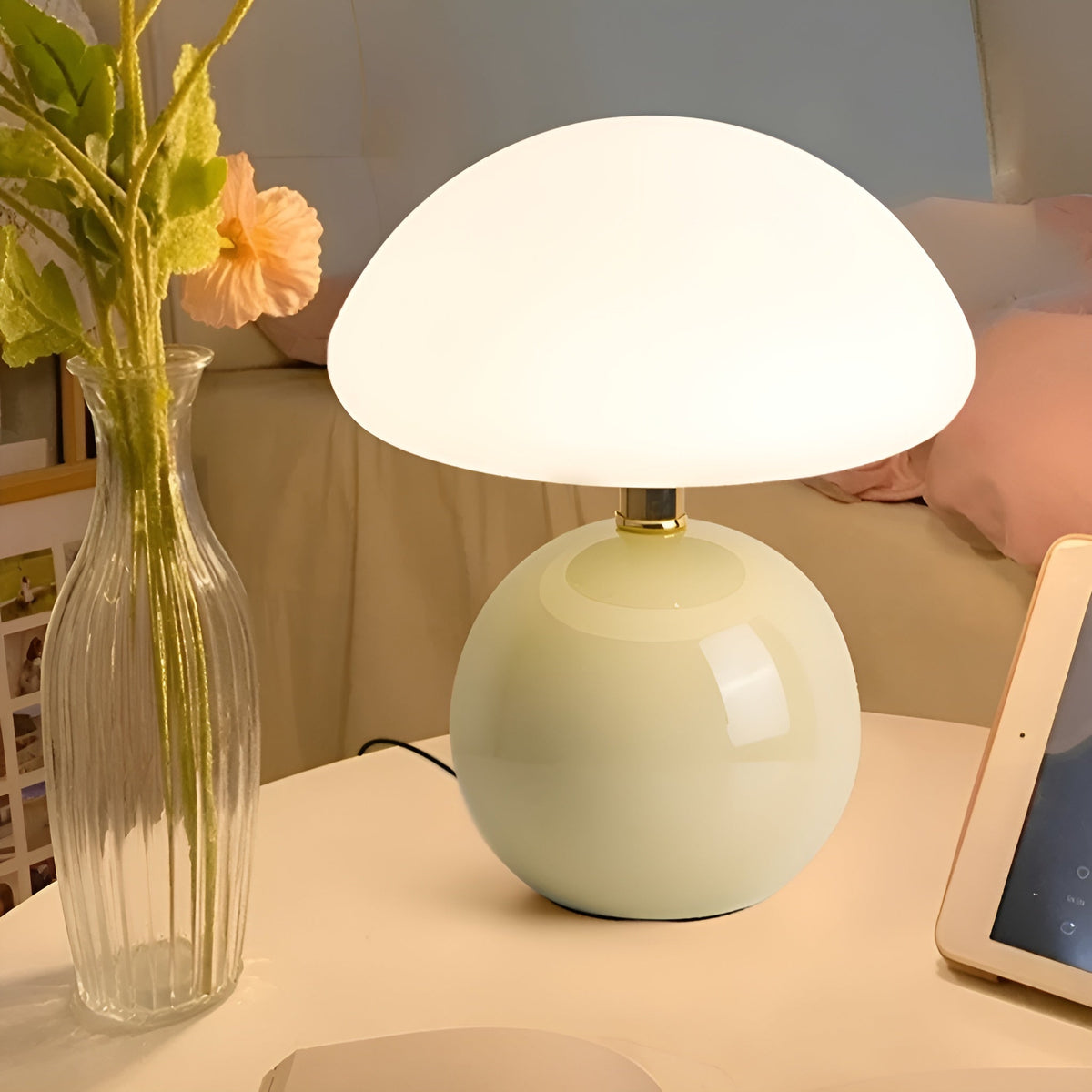 USB Mushroom Lamp Moktan Sabai pale green globe base with large white shade ambient night light on Tampa Home & Garden Store
