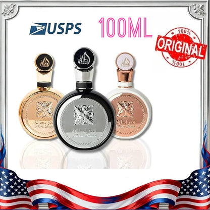 100ML luxury perfume trio bottles in gold, black and rose gold with ornate Arabic motif caps on Tampa Home & Garden Store