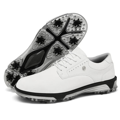 EstaliosFit men's waterproof golf shoes, white leather upper with spiked outsole on Tampa Home & Garden Store