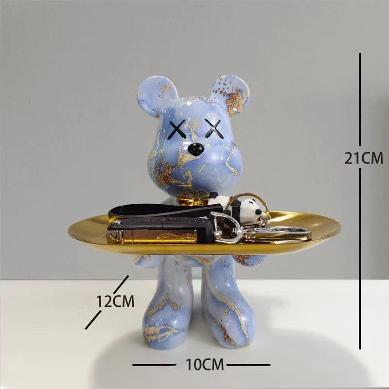 Graffiti bear ornament figurine by Perfecsy, blue finish with gold key tray for decor on Tampa Home & Garden Store