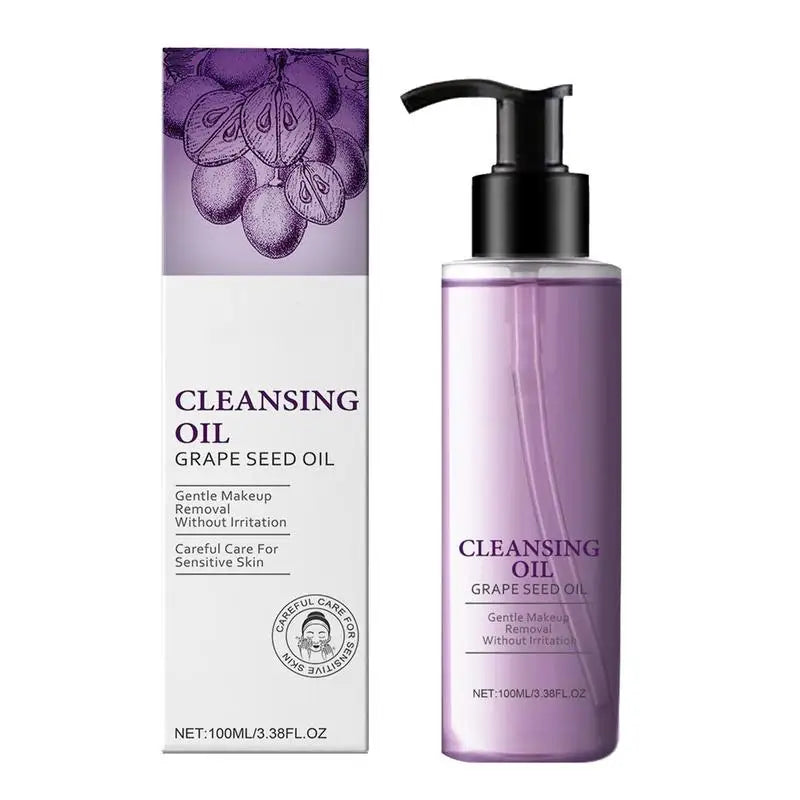 Cleansing oil bottle with purple grape seed oil formula; pump bottle beside the matching box on Tampa Home & Garden Store