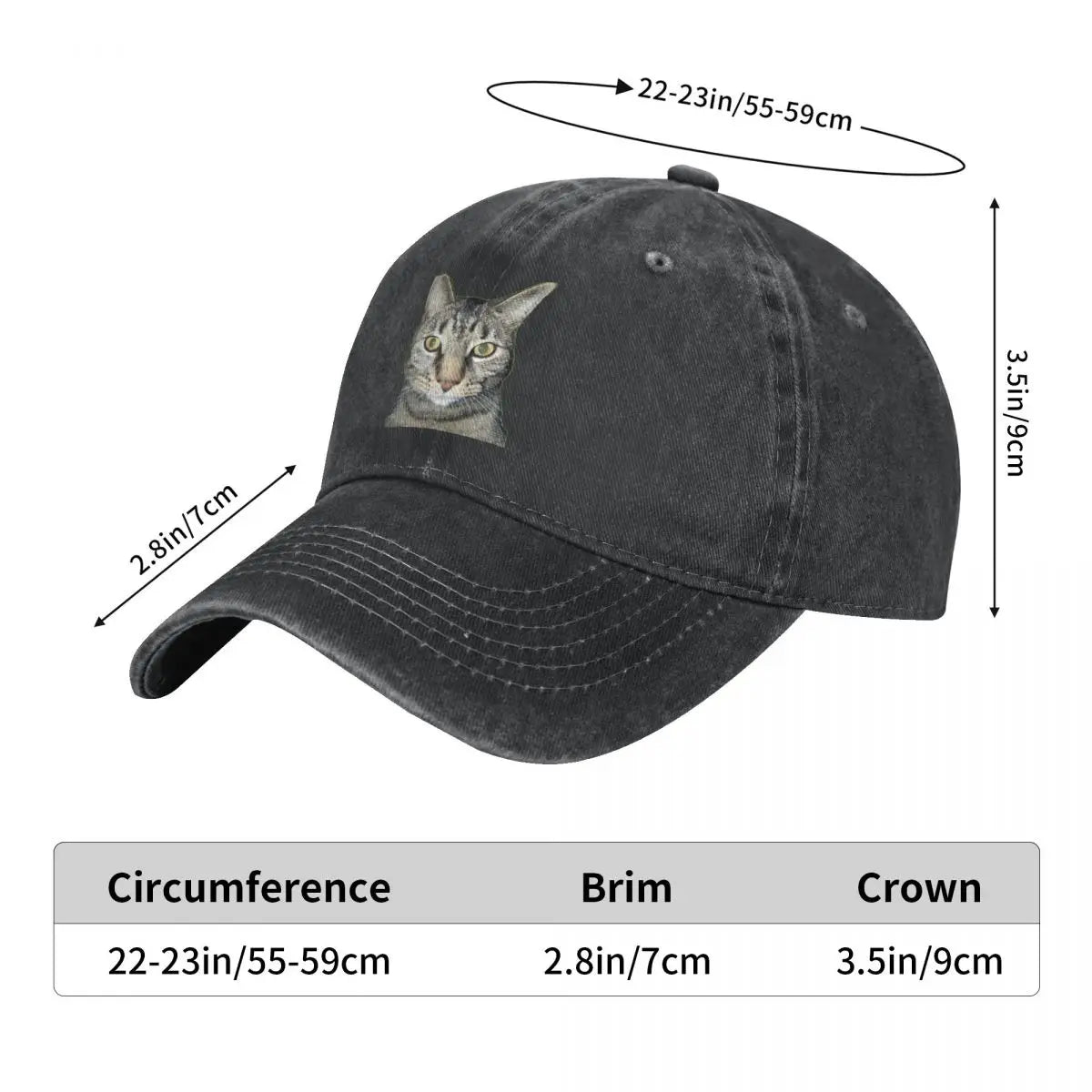 Tabby Cat Cap by BikerZoneZ, washed black denim with cat face graphic, adjustable 22–23in on Tampa Home & Garden Store