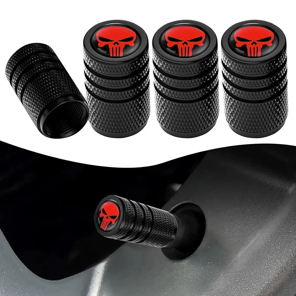 4PCS Skull Valve Caps, knurled black metal with red skull logo, set of 4, by BikerZoneZ on Tampa Home & Garden Store