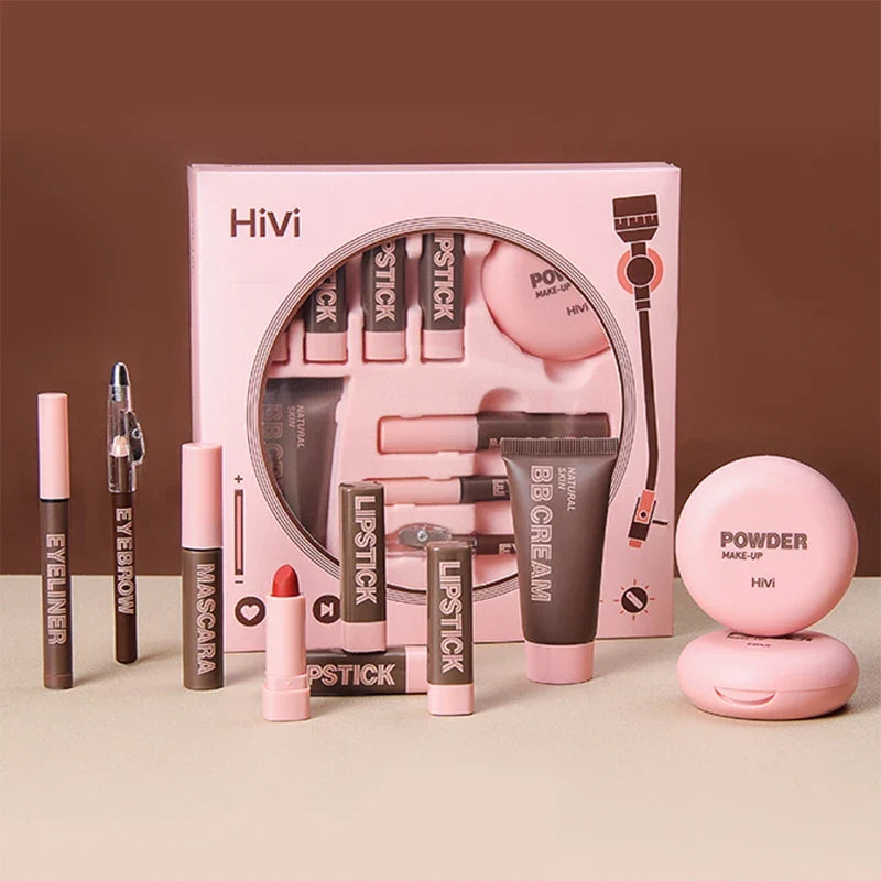 Pink HiVi makeup set with 9 lipsticks, BB cream, powder, mascara, eyeliner in window box on Tampa Home & Garden Store
