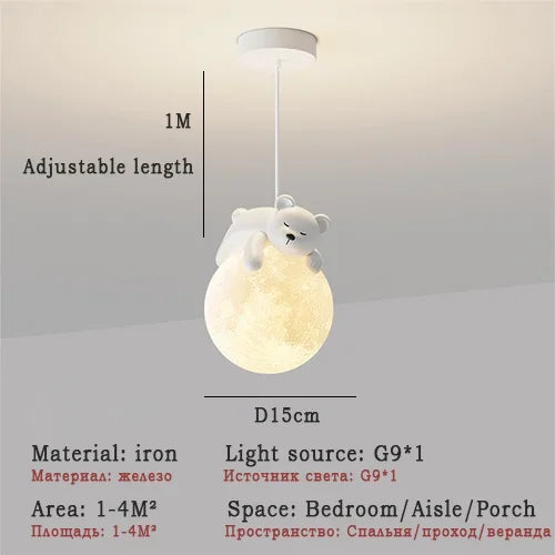 DecorBites Kids Room LED Chandelier White Bear Bunny Pendant Light with moon glass on Tampa Home & Garden Store
