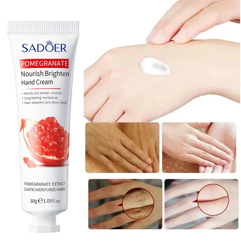 Hand cream SADOER Pomegranate Nourish Brighten, white tube with pomegranate image, 30g on Tampa Home & Garden Store