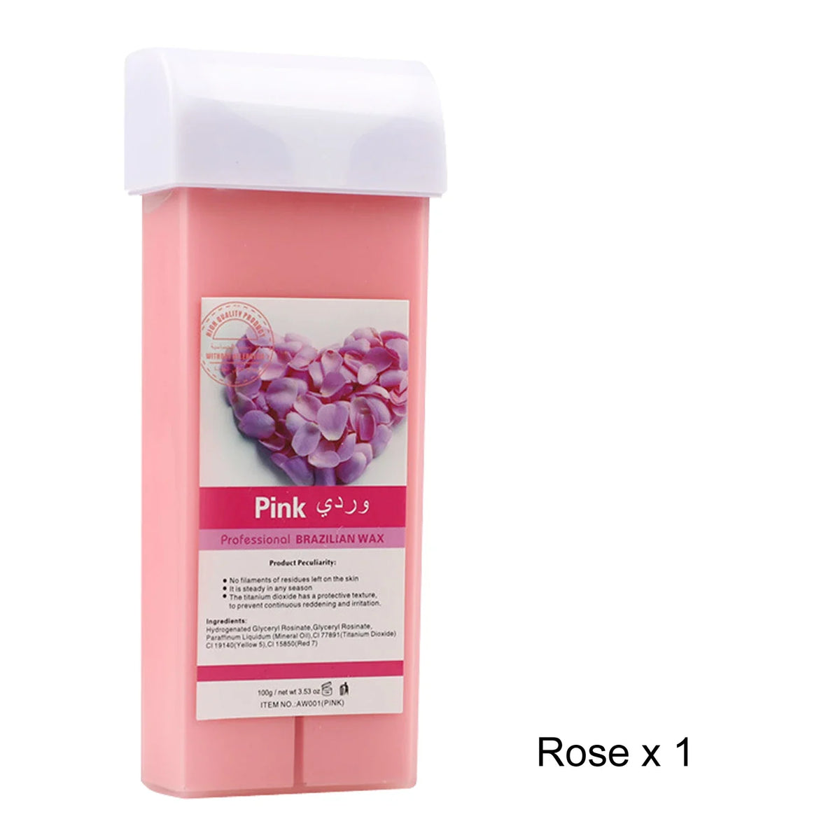 Pink roll-on waxing bottle with white cap, rose-petal label and Pink Brazilian wax on Tampa Home & Garden Store