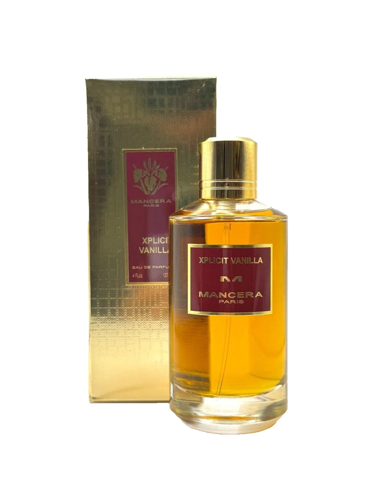 Mancera XPLICIT VANILLA perfume bottle and box, 120ml, gold cap, red label, two piece set on Tampa Home & Garden Store