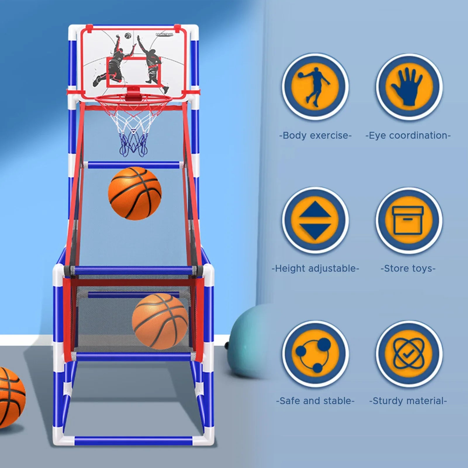 Basketball game set kids hoop with blue/red frame by FLIPSTYLEZLLC, 4 balls indoor outdoor on Tampa Home & Garden Store