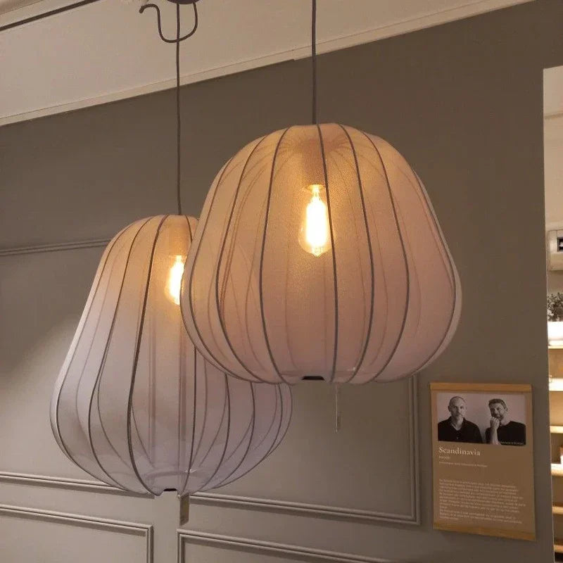 DecorBites LED Art Chandelier pendant lights, two cream striped fabric shades with bulbs, indoor on Tampa Home & Garden Store