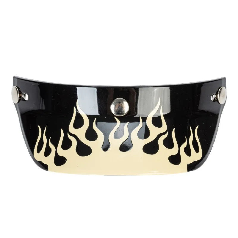 Fire Helmet Visor by BikerZoneZ, black visor with cream flame pattern and metal snaps on Tampa Home & Garden Store