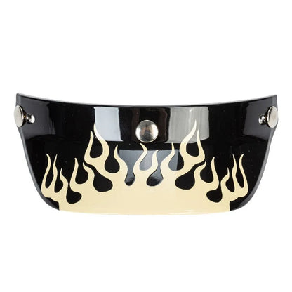 Fire Helmet Visor by BikerZoneZ, black visor with cream flame pattern and metal snaps on Tampa Home & Garden Store
