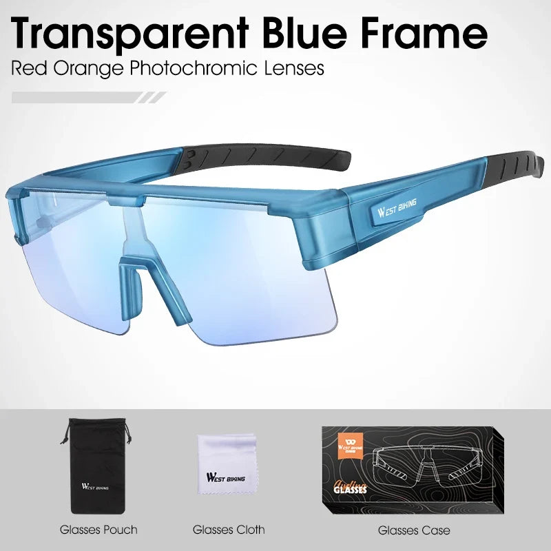 West Biking cycling sunglasses with transparent blue frame and UV400 photochromic lenses on Tampa Home & Garden Store