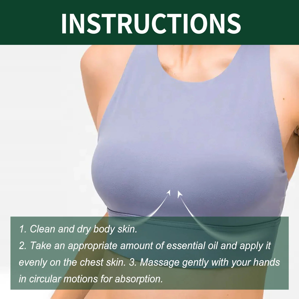 Rose breast essential oil instructions image showing a woman in lavender sports bra with overlay on Tampa Home & Garden Store
