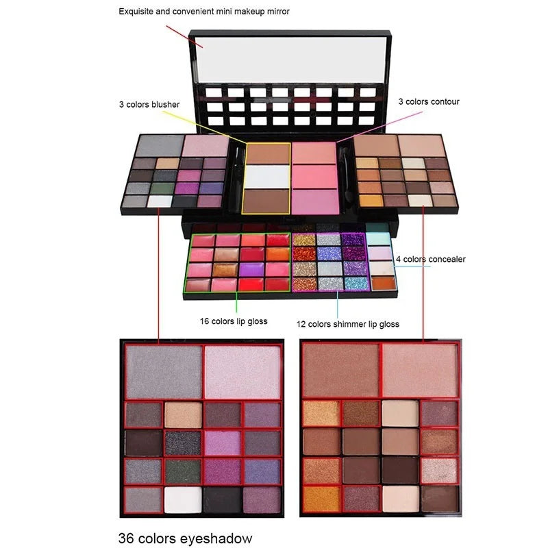 Silcy Skin two 36 color eyeshadow palettes with blush/contour and lip gloss in mirror case on Tampa Home & Garden Store