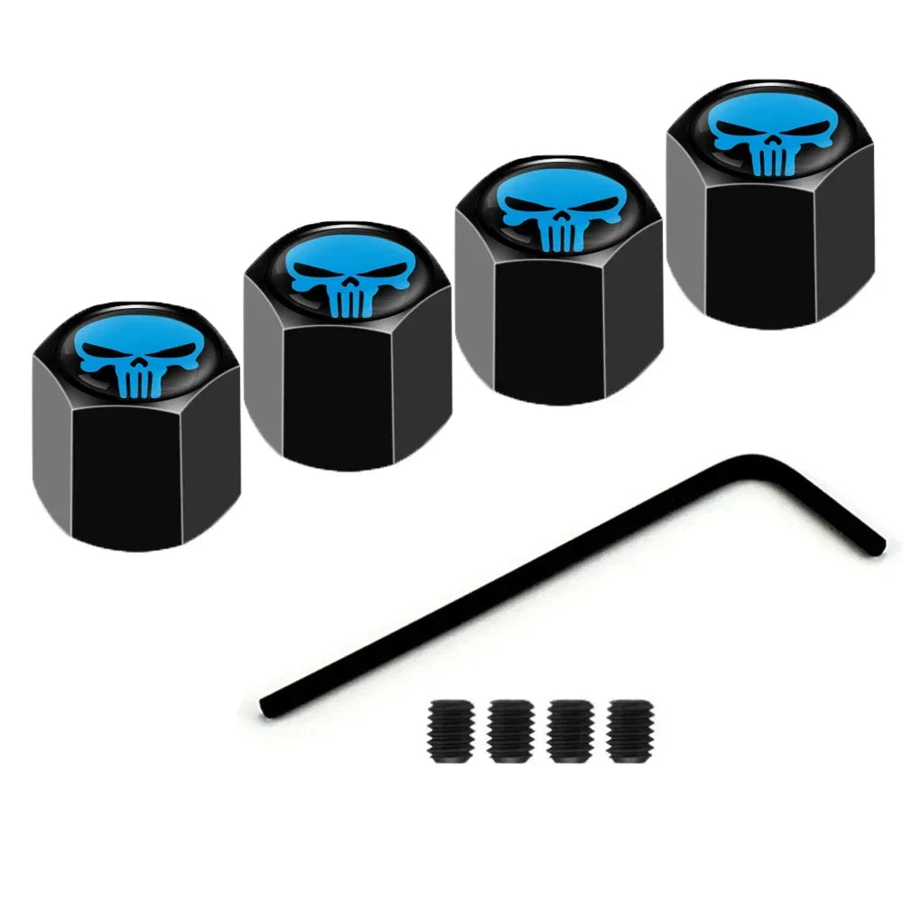 Anti-Theft Skull Valve Stem Caps, four black valvecaps with blue skull logos by BikerZoneZ on Tampa Home & Garden Store