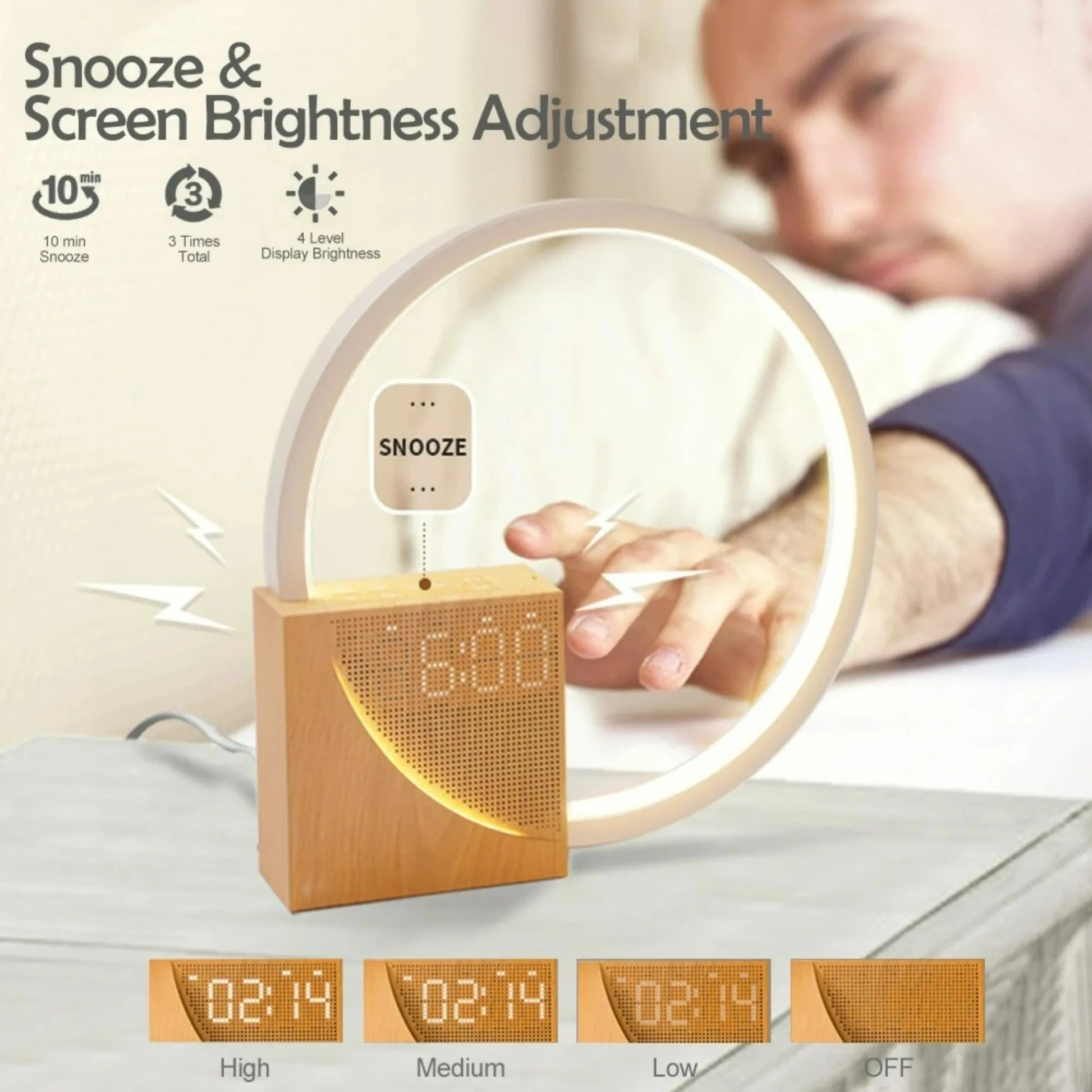 Perfecsy alarm clock night light with round LED ring, wood base, 3-level touch dimming, snooze on Tampa Home & Garden Store