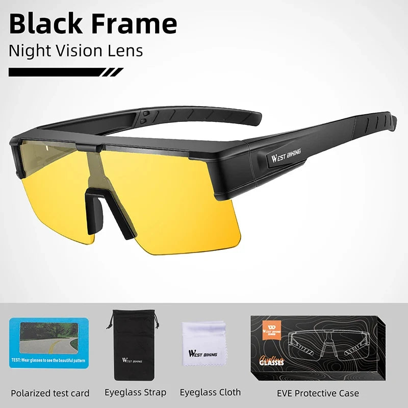 Cycling glasses by West Biking with black frame and yellow photochromic UV400 lenses on Tampa Home & Garden Store