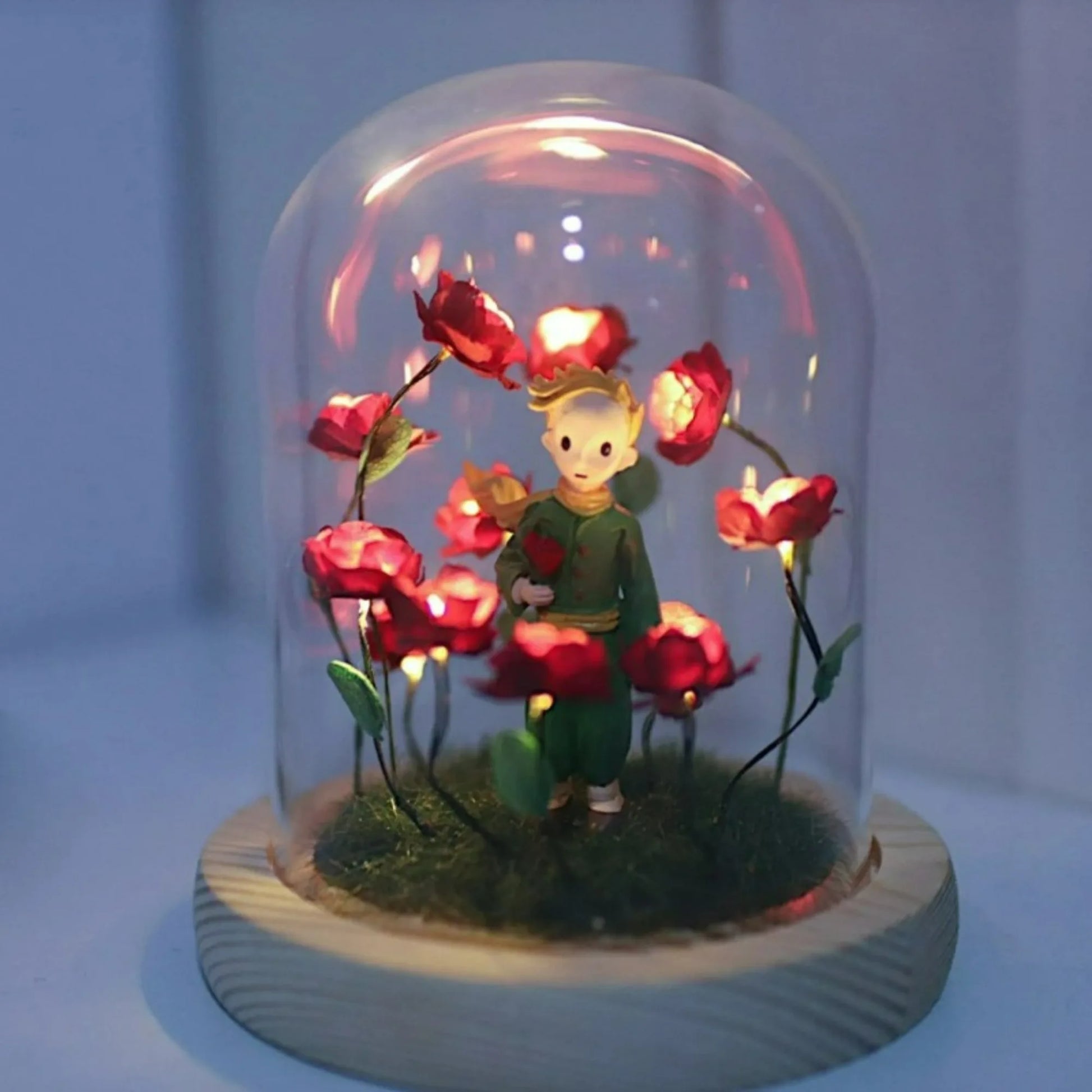 Little Prince night light inside a glass dome with red roses handmade Perfecsy decor on Tampa Home & Garden Store