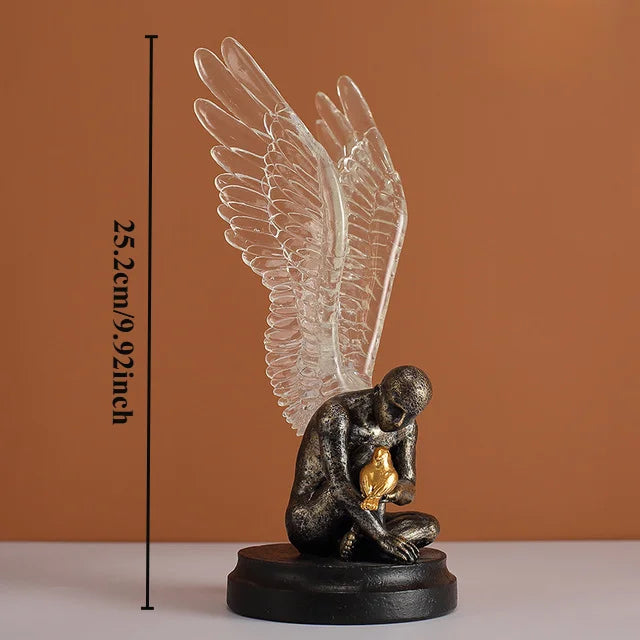 Perfecsy Angel Wings statue, abstract resin with clear wings and dark figure on black base on Tampa Home & Garden Store