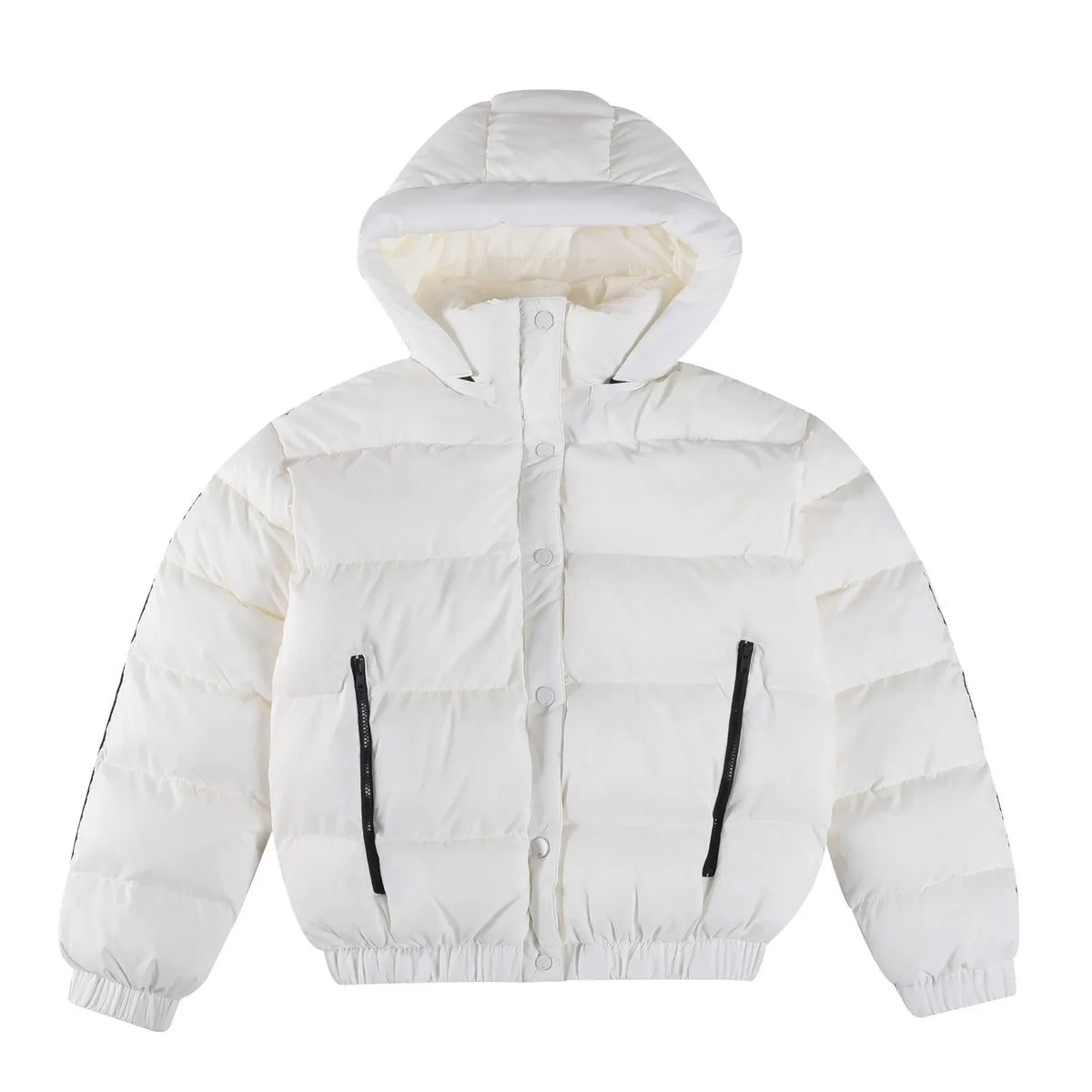 White women's hooded puffer jacket by UpTrend Deals with thick padding and black zip pockets on Tampa Home & Garden Store