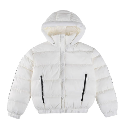 White women's hooded puffer jacket by UpTrend Deals with thick padding and black zip pockets on Tampa Home & Garden Store