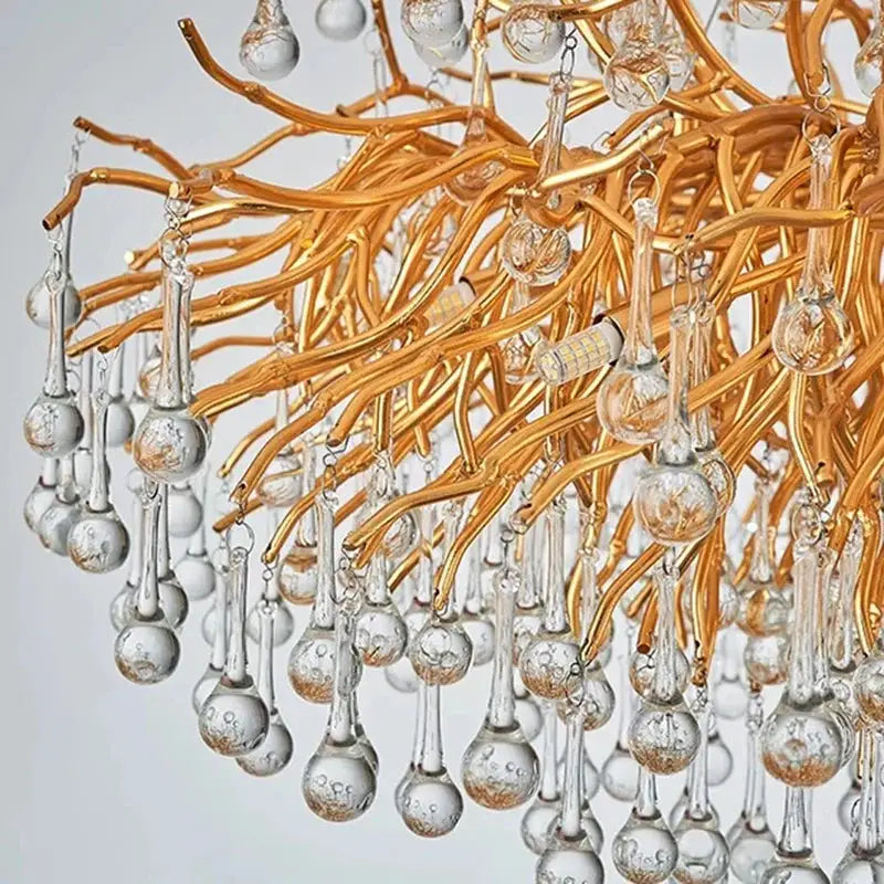 DecorBites LED pendant chandelier with gold branch frame and hanging crystal droplets on Tampa Home & Garden Store