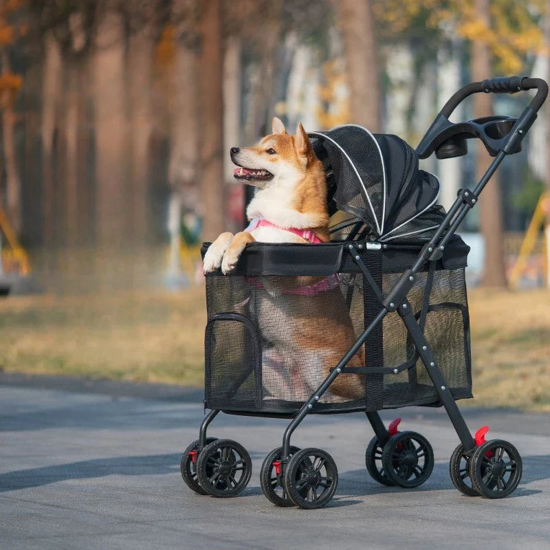 Breathable pet stroller for dogs and cats, black frame with mesh sides, lightweight folding on Tampa Home & Garden Store