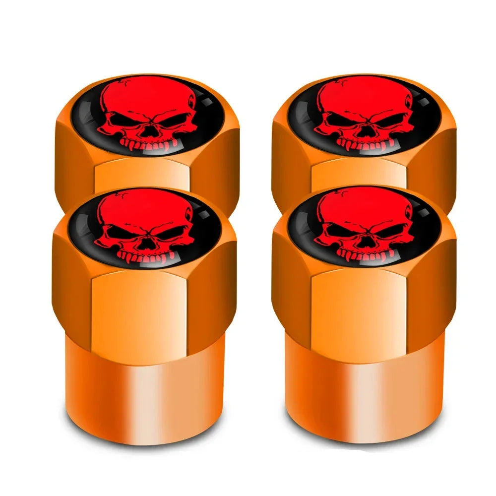 4Pcs orange metal valve stem caps with red skull tops, motorcycle tire accessories by BikerZoneZ on Tampa Home & Garden Store