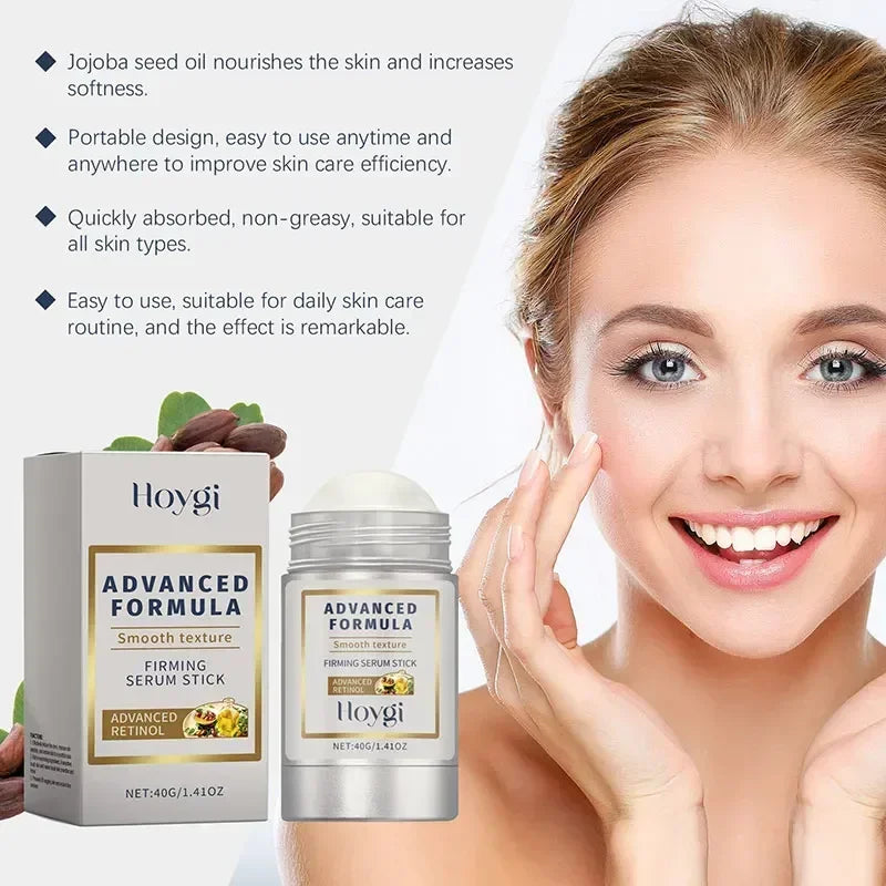 Hoygi Advanced Formula Firming Serum Stick with retinol, boxed and jar beside a smiling model on Tampa Home & Garden Store