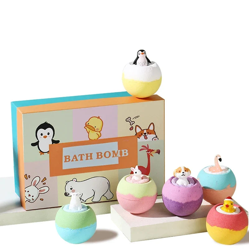 Kids 6-pack bath bombs with surprise toys; spheres and animal toppers beside Bath Bomb box on Tampa Home & Garden Store