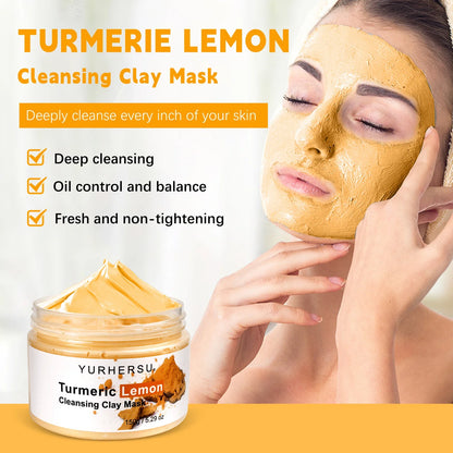 Silcy Skin Turmeric Lemon Cleansing Clay Mask jar shown with a model wearing a gold mask on Tampa Home & Garden Store