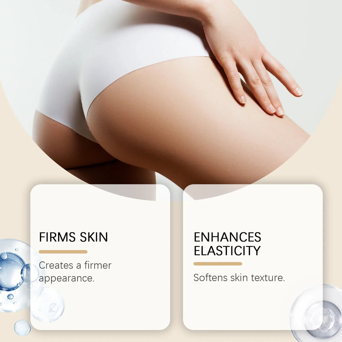Silcy Skin hip firming serum on a model wearing white underwear with soft beige UI cards on Tampa Home & Garden Store
