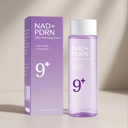 NAD+ PDRN Glow Boosting Toner bottle beside purple Silcy Skin box, lavender packaging on Tampa Home & Garden Store