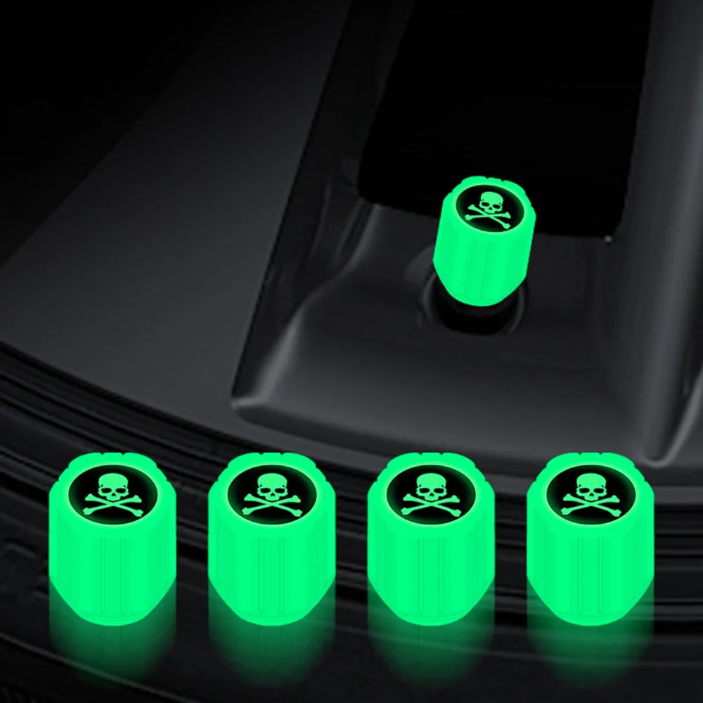 4-pack luminous valve stem caps by BikerZoneZ in neon green with skull icon on Tampa Home & Garden Store