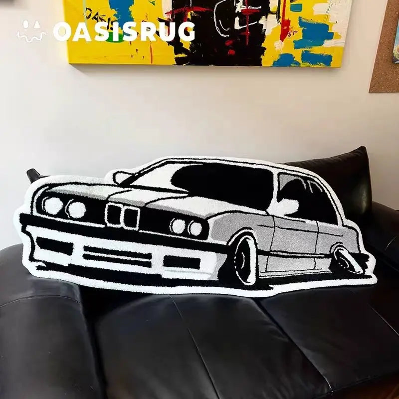 Car-shaped decorative pillow with black and white sedan motif for sofa decor on Tampa Home & Garden Store