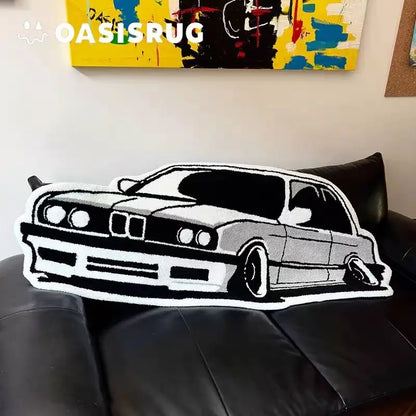 Car-shaped decorative pillow with black and white sedan motif for sofa decor on Tampa Home & Garden Store
