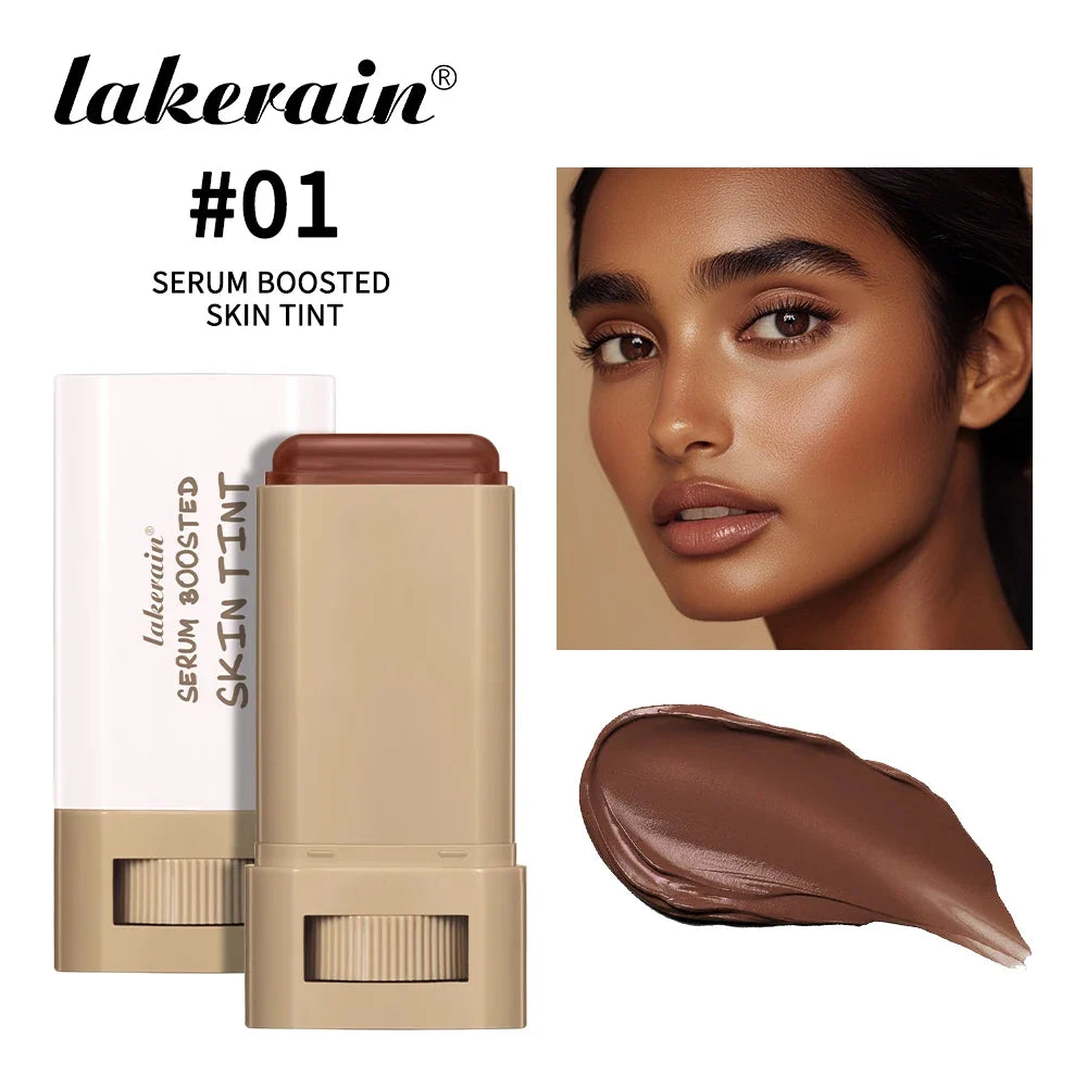 Silcy Skin serum boosted skin tint foundation stick in bronze shade with beige tube on model on Tampa Home & Garden Store